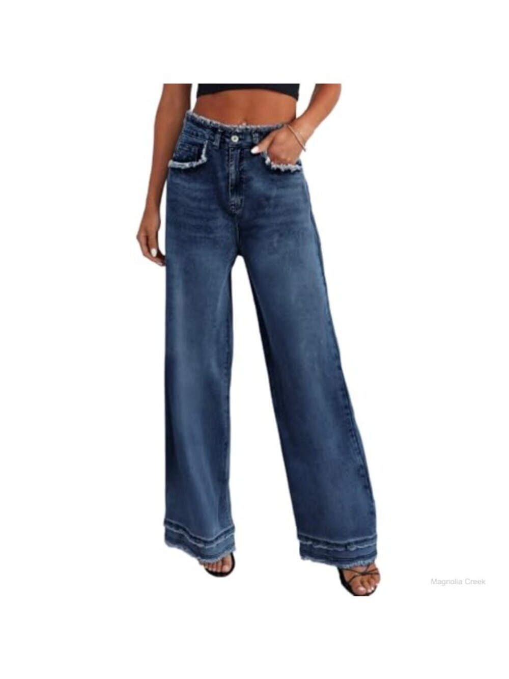 Stretch High Waisted Wide Leg Baggy Boyfriend Jeans Raw Hem